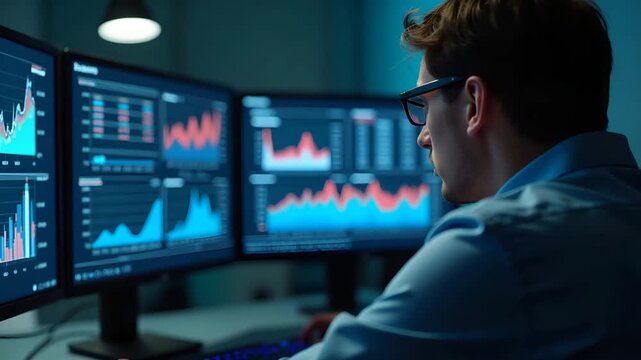 Researcher comparing US vs Asia economy performance metrics on dual screen dashboards in economic think tank office for comprehensive market analysis in  Photo Stock  Concept  and empty space on the l