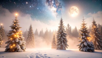 Fototapeta premium 美しい冬の森の月の夜空