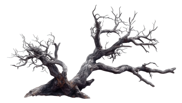 A solitary, aged tree with its leafless limbs spread wide, isolated on transparent background, evoking a sense of resilience and enduring strength in the face of adversity