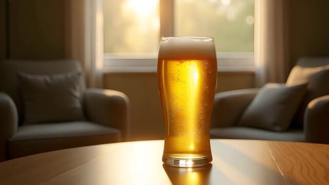 Serene relaxing moment beer capture soft natural light illuminating half filled pint glass tranquil home setting promote unwinding lifestyle concept in  Photo Stock  Concept  and empty space on the le