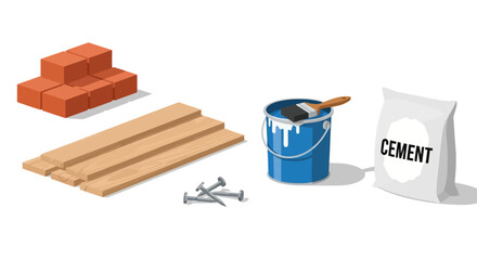 Construction Materials Flat Lay Illustration for DIY Projects, Home Improvement, and Building Supply Promotion on Adobe Stock