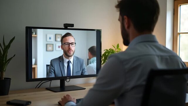 Professional video conferencing with team from home office to discuss remote work opportunity and virtual collaboration tools. in  Photo Stock  Concept  and empty space on the left side