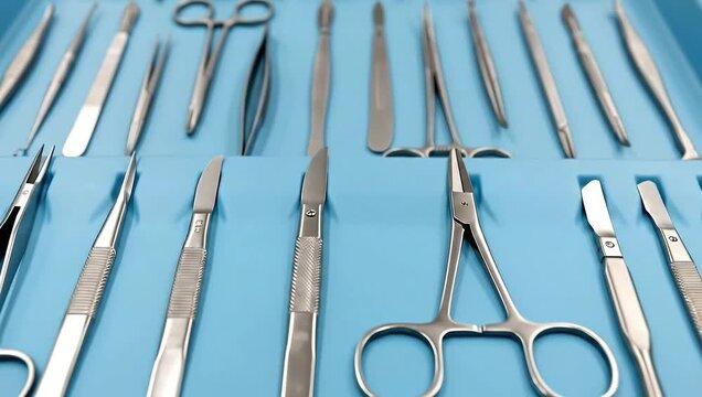 Surgical Instruments Laid Out in a Sterile Tray for Medical Procedures.