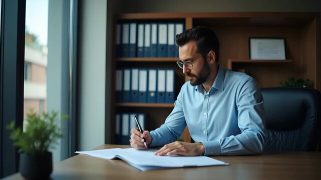 Regulatory officer reviewing product restriction USA policies in secure office with compliance manuals and legal binders on shelves in  Photo Stock  Concept  and empty space on the left side