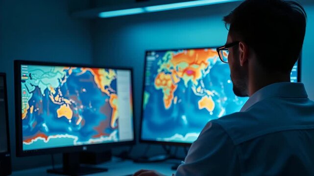 Scientist operating global temperature model on computer displaying earth heating up projections and heat index simulations in climate lab in  Photo Stock  Concept  and empty space on the left side