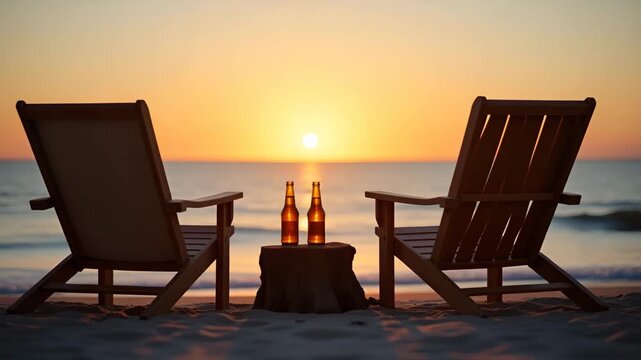 Two beach chairs side by side facing ocean sunset silhouette chilled beer bottles on driftwood table as gentle waves lap shore creating tranquil seaside relaxation. in  Photo Stock  Concept  and empty