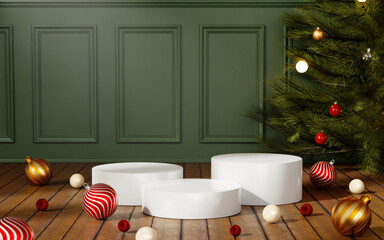 Christmas joyful atmosphere with white circular pedestals and ornaments. 3D render illustration