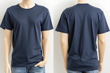 Men's casual dark blue t-shirt mockup, front and back views