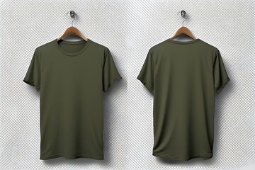 Olive green t-shirt mockup featuring front and back views on a clean background
