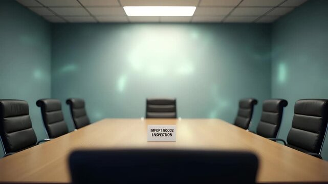 Professional stock image of empty boardroom chairs surrounding table under overhead light with sign on table reading �Import Goods Inspection� implying pending inspection meeting in  Photo Stock  Conc