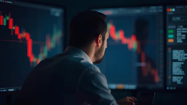 Photo capturing emotional trading visual with trader clutching head in frustration beside screens reflecting volatile red candle charts in  Photo Stock  Concept  and empty space on the left side