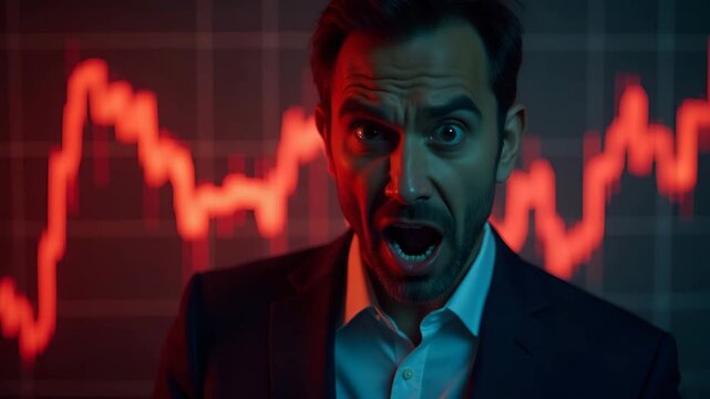 Investor panicking over market crash captured in dramatic portrait with tense expression and glowing red stock chart projections in background in  Photo Stock  Concept  and empty space on the left sid