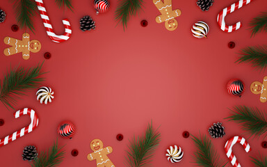 Christmas sweets and treats with gingerbread and festive candy. 3D render illustration