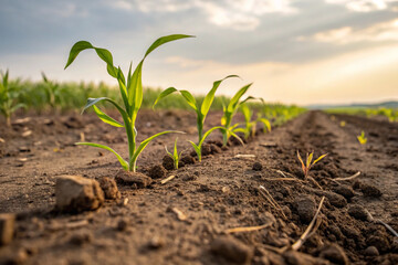 Field soil and new shoots. Plants. Harvest. Farming. Vegetables. Field.