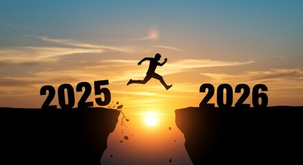 Man Taking a Huge Leap Across the Canyon from Year 2025 to 2026 at Sunset, Symbolizing New Year's Success, Challenge, and Forward Momentum