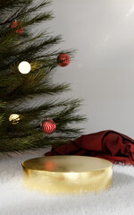 Christmas festive scene with golden gift box and decorated tree. 3D render illustration