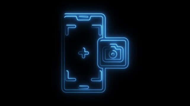 Blue Neon Smartphone Camera Icon on Black Background mobile phone photography