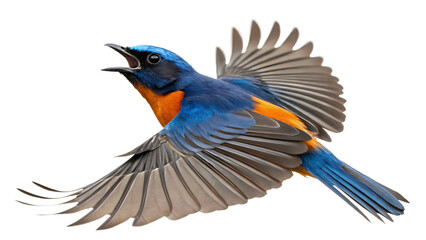 Beautiful Rufous Bellied Niltava Bird in Mid Air Showing Brightly Colored Plumage and Wings Spread