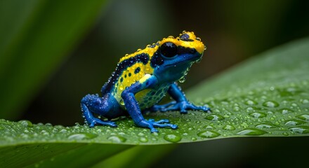 Obraz premium Vibrant amphibian perched on a dew-kissed leaf, showcasing natures colorful beauty in detail, wow.