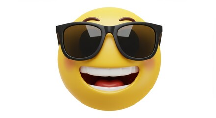 3D Cool Smiling Emoji Face with Black Sunglasses on White Background

