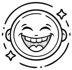 Naklejka premium Joyful laughter depicted in line art, a cheerful face brimming with happiness and shining with star accents, a doodle style
