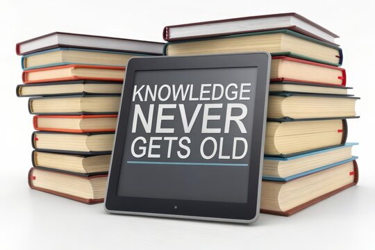 Digital tablet with Knowledge Never Gets Old text next to stacks of books