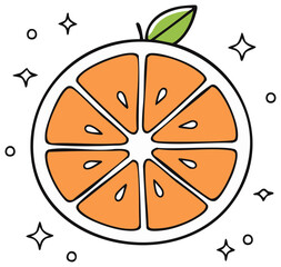 Sparkling fresh orange slice with leaf cute cartoon doodle illustration