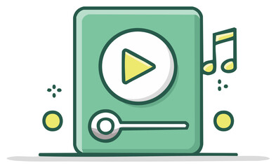 Cute cartoon retro music player icon with play button and sound notes for audio streaming