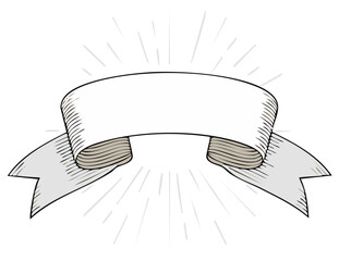 Hand Drawn Vintage Ribbon Banner with Sunburst in an Engraved Etched Style Illustration