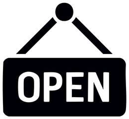 Simple black silhouette of a hanging open sign vector icon for a shop or store