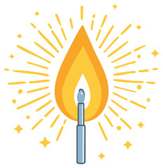 Stylized illustration of a lit matchstick with a bright yellow flame and sparkling light rays