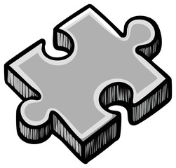 Single gray puzzle piece with thick black outline and hatching detail, isolated