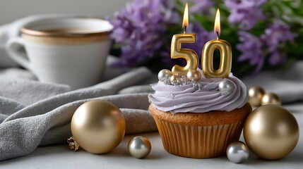 Elegant 50th Birthday Cupcake with Lavender Frosting and Golden Decorations