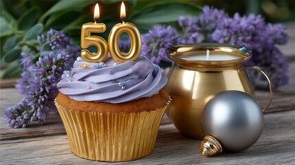 Elegant 50th Birthday Cupcake with Lilac Frosting and Decorative Elements