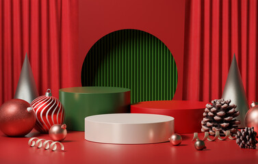 Christmas themed display featuring colorful ornaments and elegant backdrop. 3D render illustration