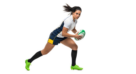 Rugby Action Holding Ball Running Isolated White Background Sports Dynamic View