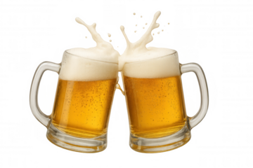 Two beer mugs clinking, splashing foam and beer droplets, celebrating friendship and good times