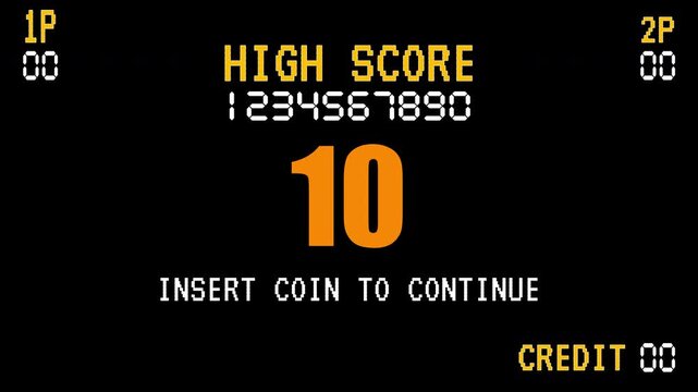 Insert coin to continue play with countdown 10 to 0 (twice) on black background. Vintage or classic arcade game with retro style. 4K video animation for gaming.