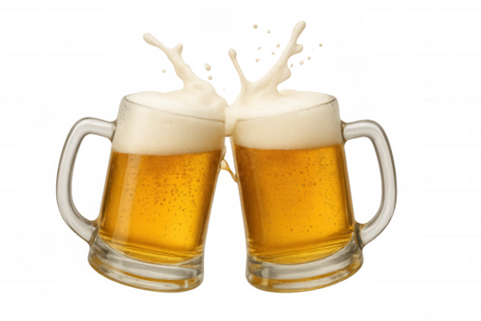 Two beer mugs clinking, splashing foam and beer droplets, celebrating friendship and good times