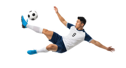 Soccer Player Performing Bicycle Kick Action Isolated on White Background Sports Photography Football