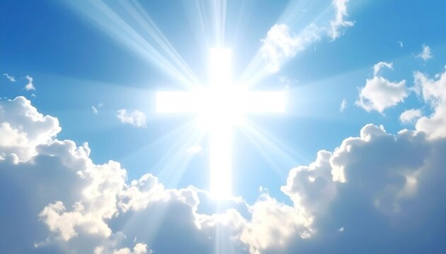 A cross of light in a cloud against a blue sky.