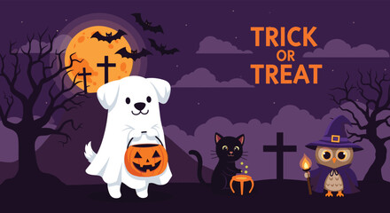 A cute dog in a ghost costume and other halloween characters celebrating trick or treat.