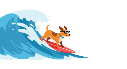 A cool dog wearing glasses surfs a big wave on a surfboard.
