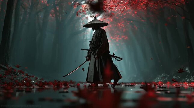 a lone samurai walking slowly through a misty forest, holding a katana at his side, wearing a traditional straw hat and kimono
