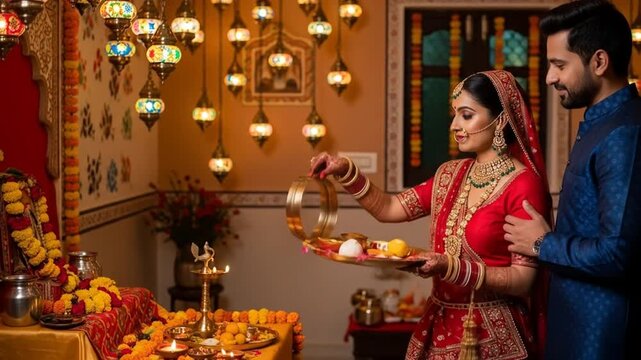 Newlyweds Celebrating Karva Chauth: A Beautiful Display of Love and Tradition