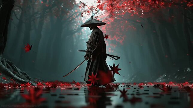 a lone samurai walking slowly through a misty forest, holding a katana at his side, wearing a traditional straw hat and kimono