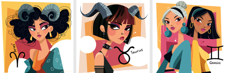 Illustration showcasing the astrological zodiac signs, focusing on Aries, Taurus, and Gemini. Set 1 of 4