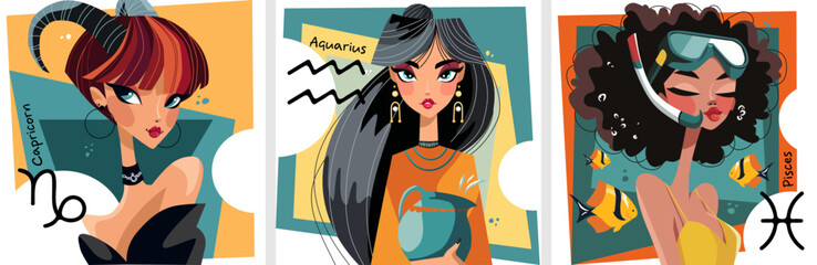 Illustration showcasing the astrological zodiac signs, focusing on Capricorn, Aquarius, and Pisces. Set 4 of 4