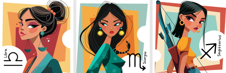 Illustration showcasing the astrological zodiac signs, focusing on Libra, Scorpio, and Sagittarius. Set 3 of 4