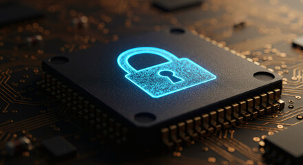 Advanced digital security concept featuring a glowing padlock icon on a computer microchip, symbolizing robust data protection and cybersecurity measures for modern technology infrastructure